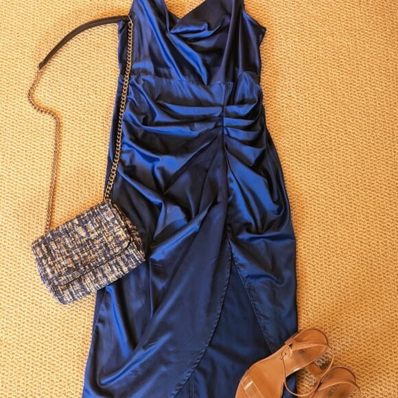 SHEIN BAE Solid Ruched Split Thigh Satin Cami Dress Size M - Picture 7 of 7